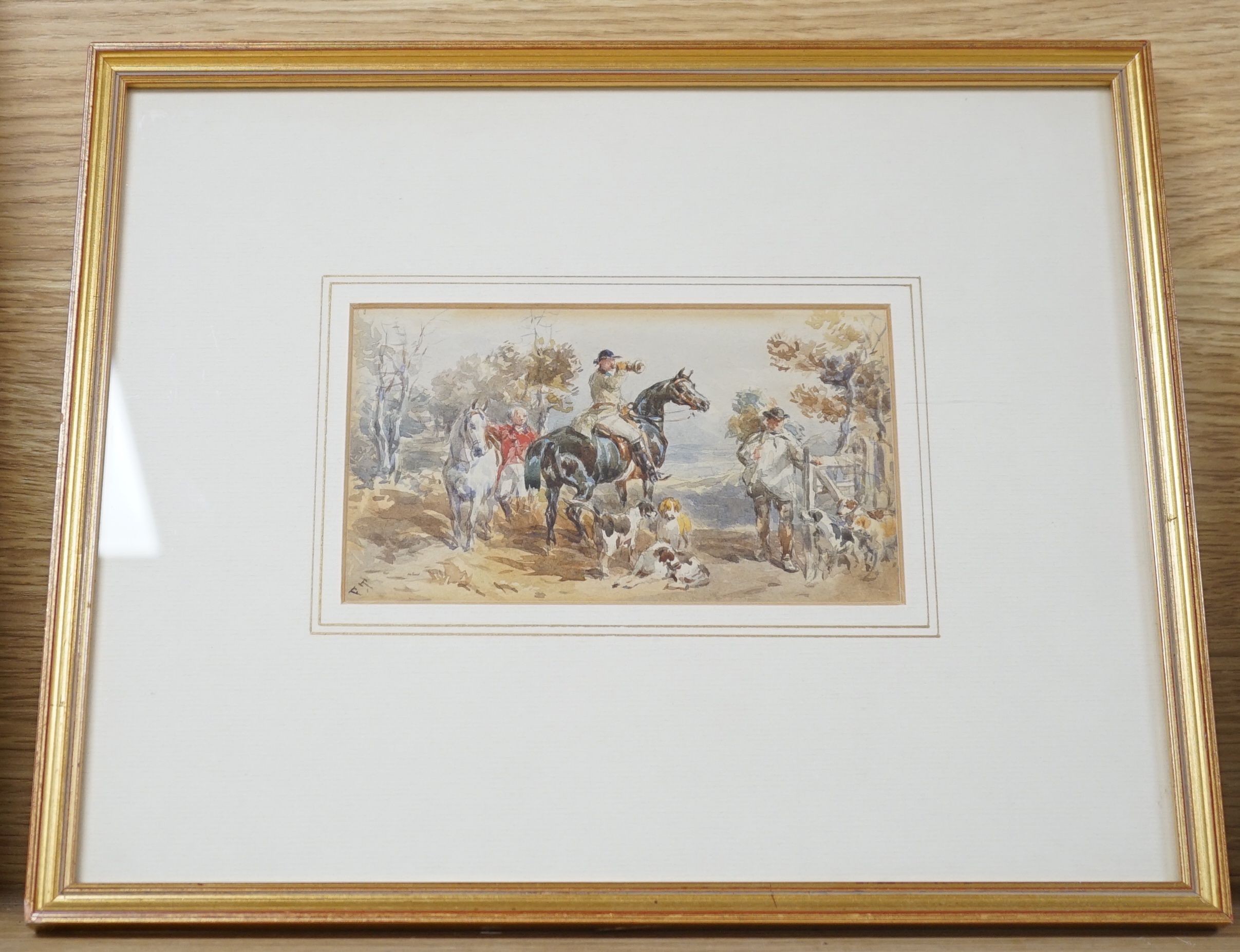 John Frederick Taylor (1802-1889), watercolour, Huntsman and hounds, signed initials, 9 x 15cm